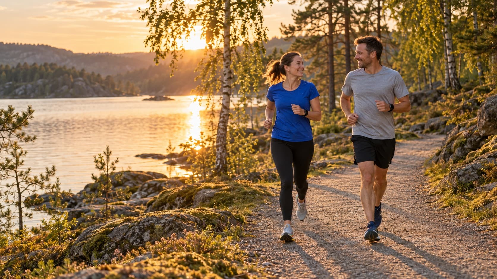 Two friends jogging on a lakeside path at sunset