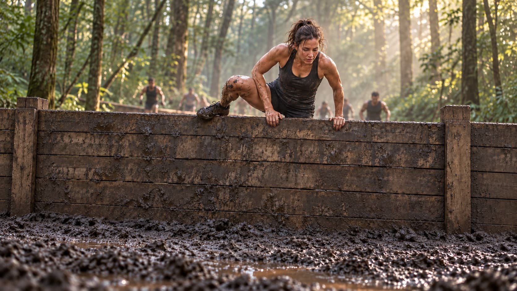 A woman climbing over a muddy wooden wall in a misty forest race