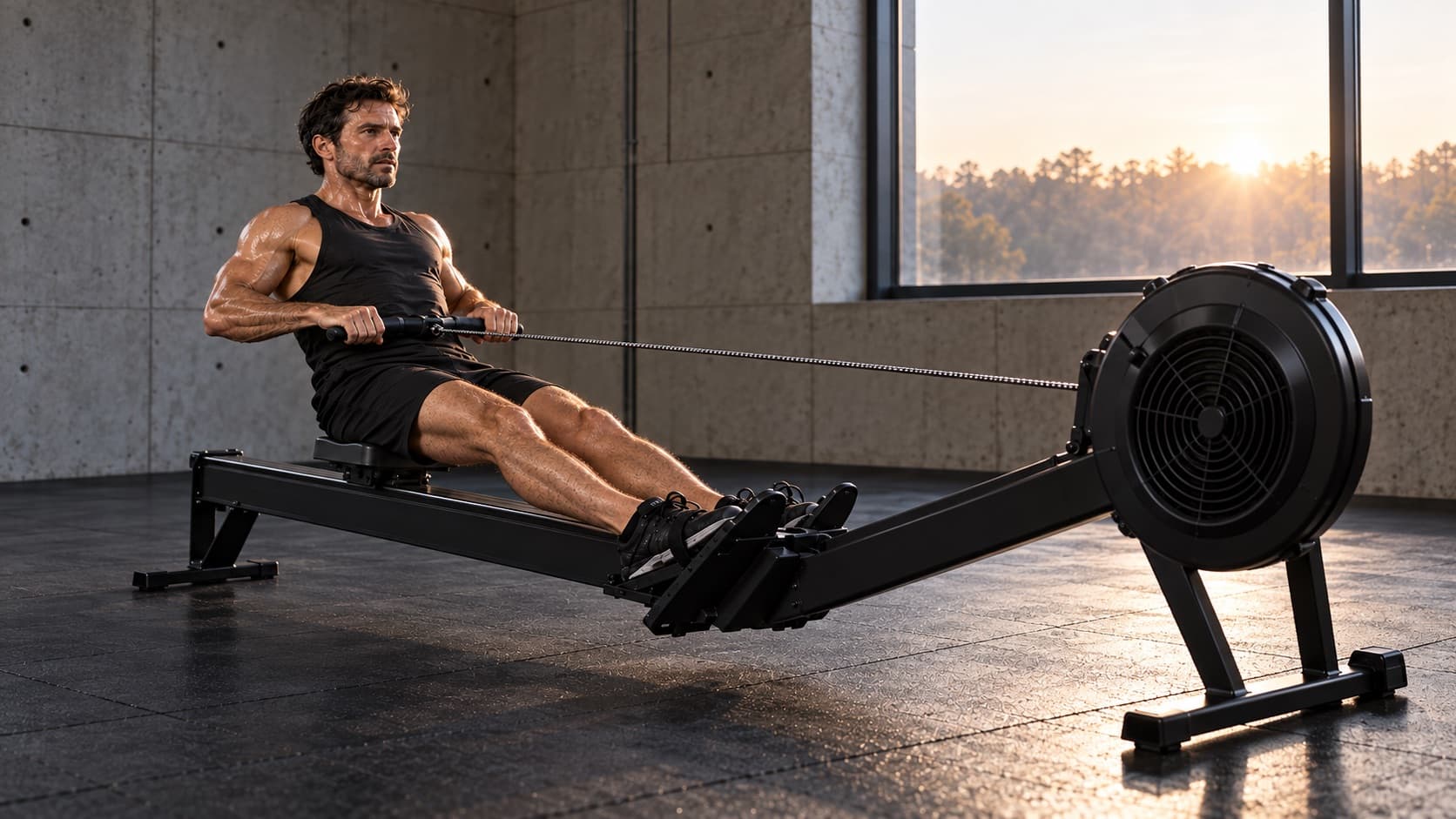 A man rowing on an indoor rowing machine in a concrete gym at sunrise