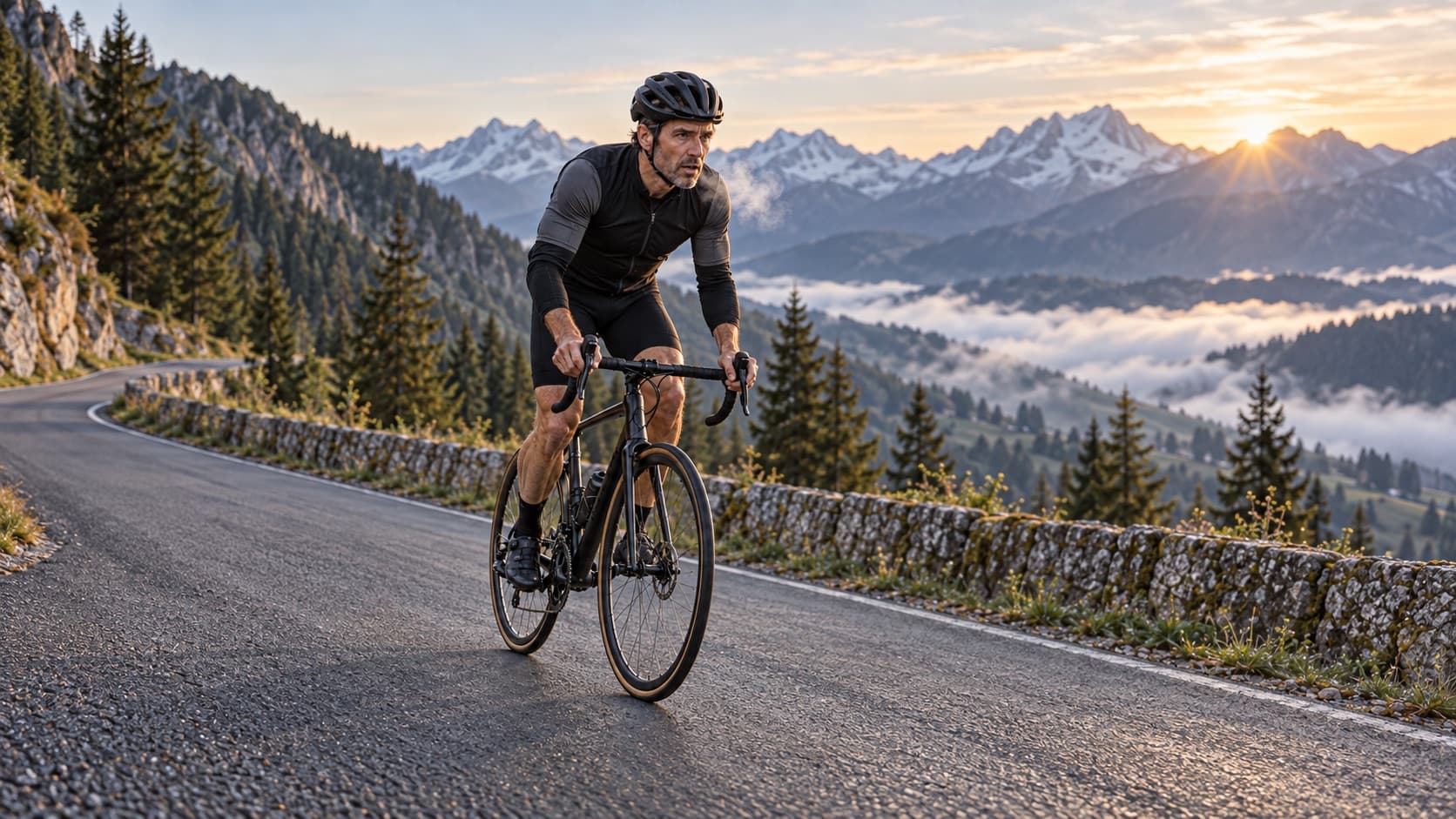 A cyclist climbing a misty mountain road at sunrise