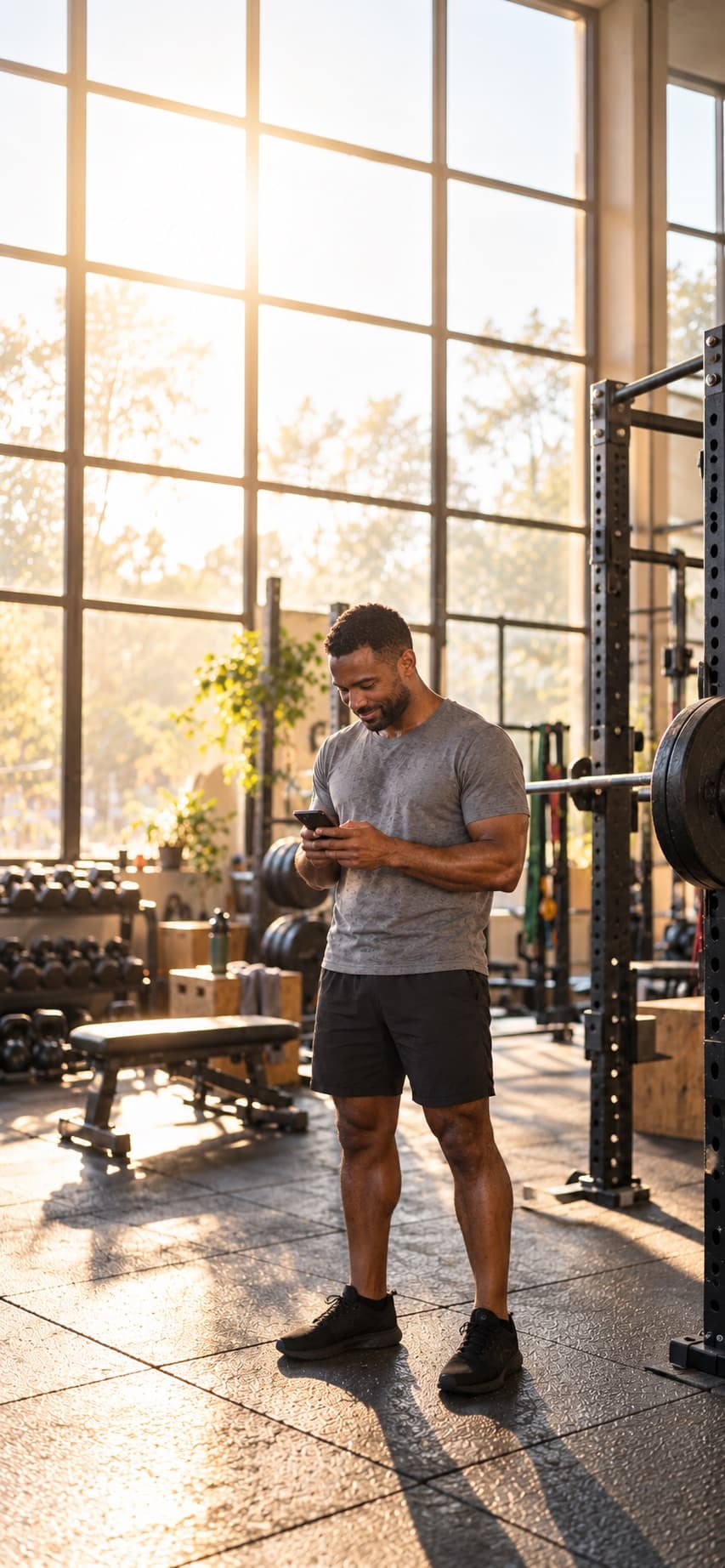 A man checking his phone between sets in a sunlit gym