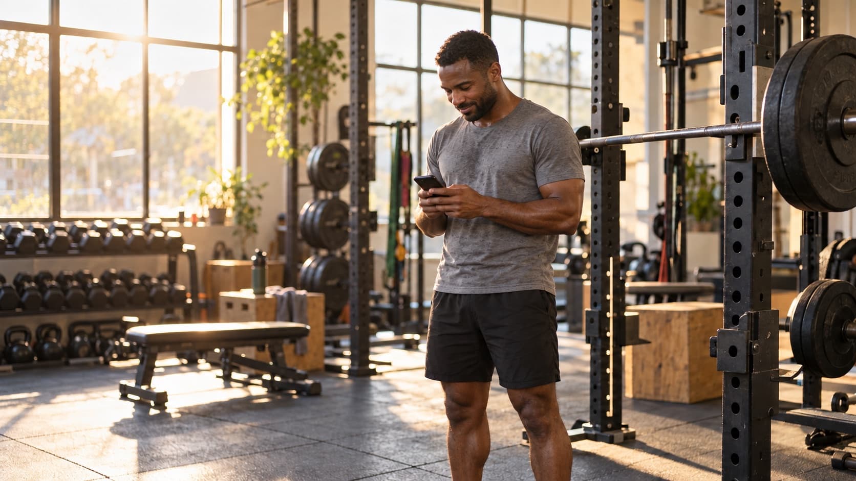 Ein Mann schaut zwischen zwei Sätzen auf sein Handy, in einem sonnigen Gym