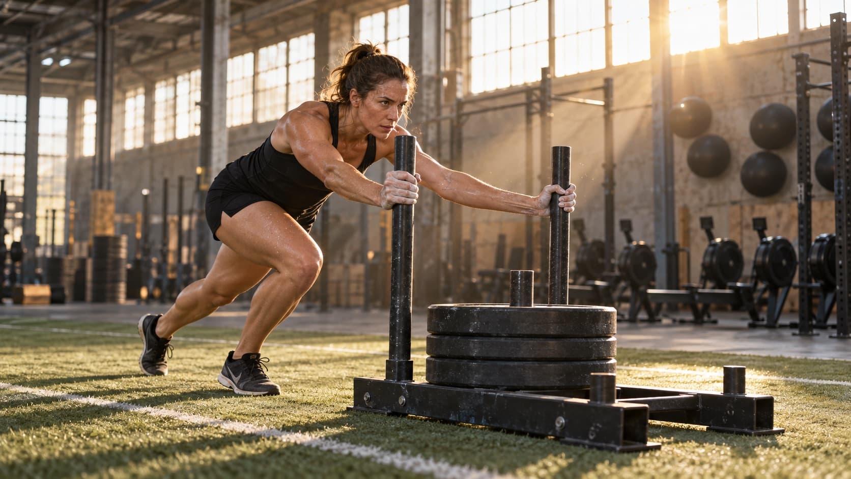 A woman pushing a weighted sled across turf in a training hall