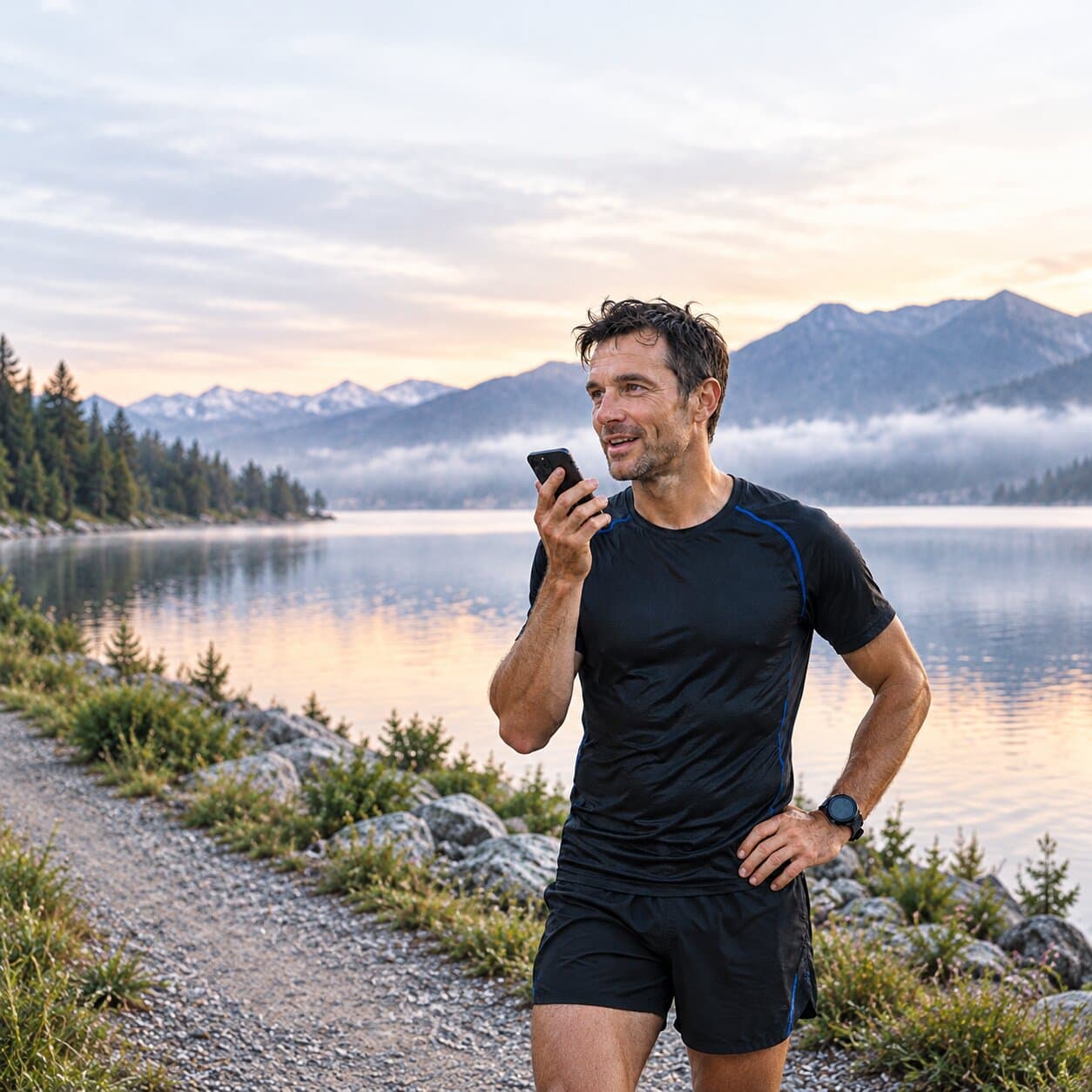 A man smiling at his phone by a lake