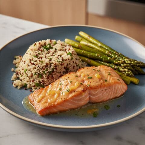 Lachs, Kartoffeln und grünes Gemüse