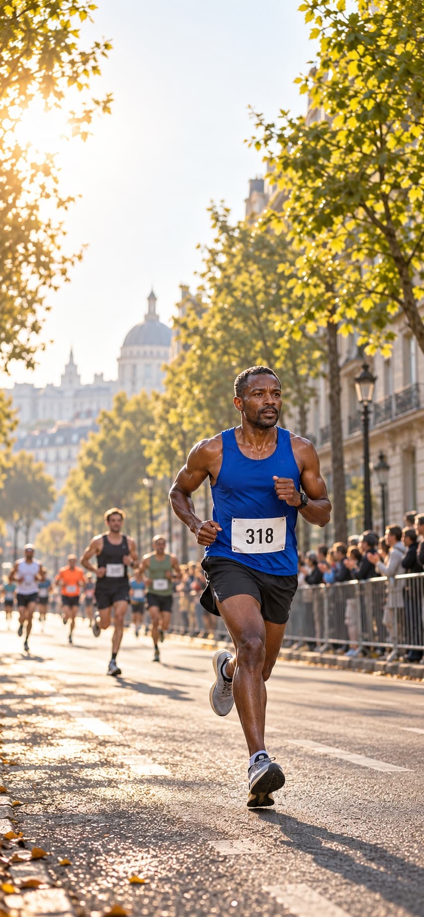 A marathon runner in warm morning light, the crowd cheering behind the barriers